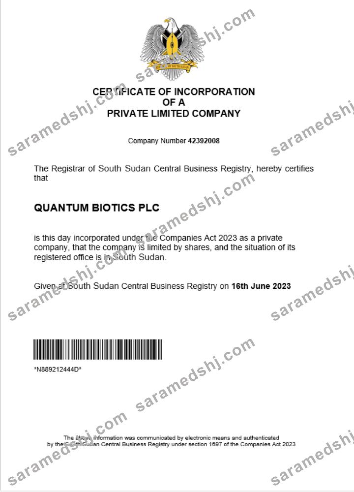 South Sudan business registration certificate Word and PDF template